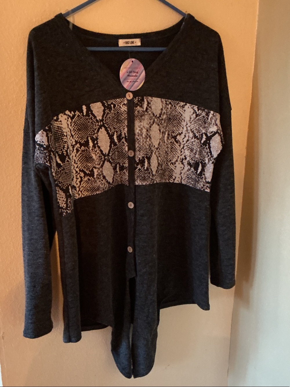 First Love Charcoal Gray Cardigan with Snake-Print Panel. New With Tags